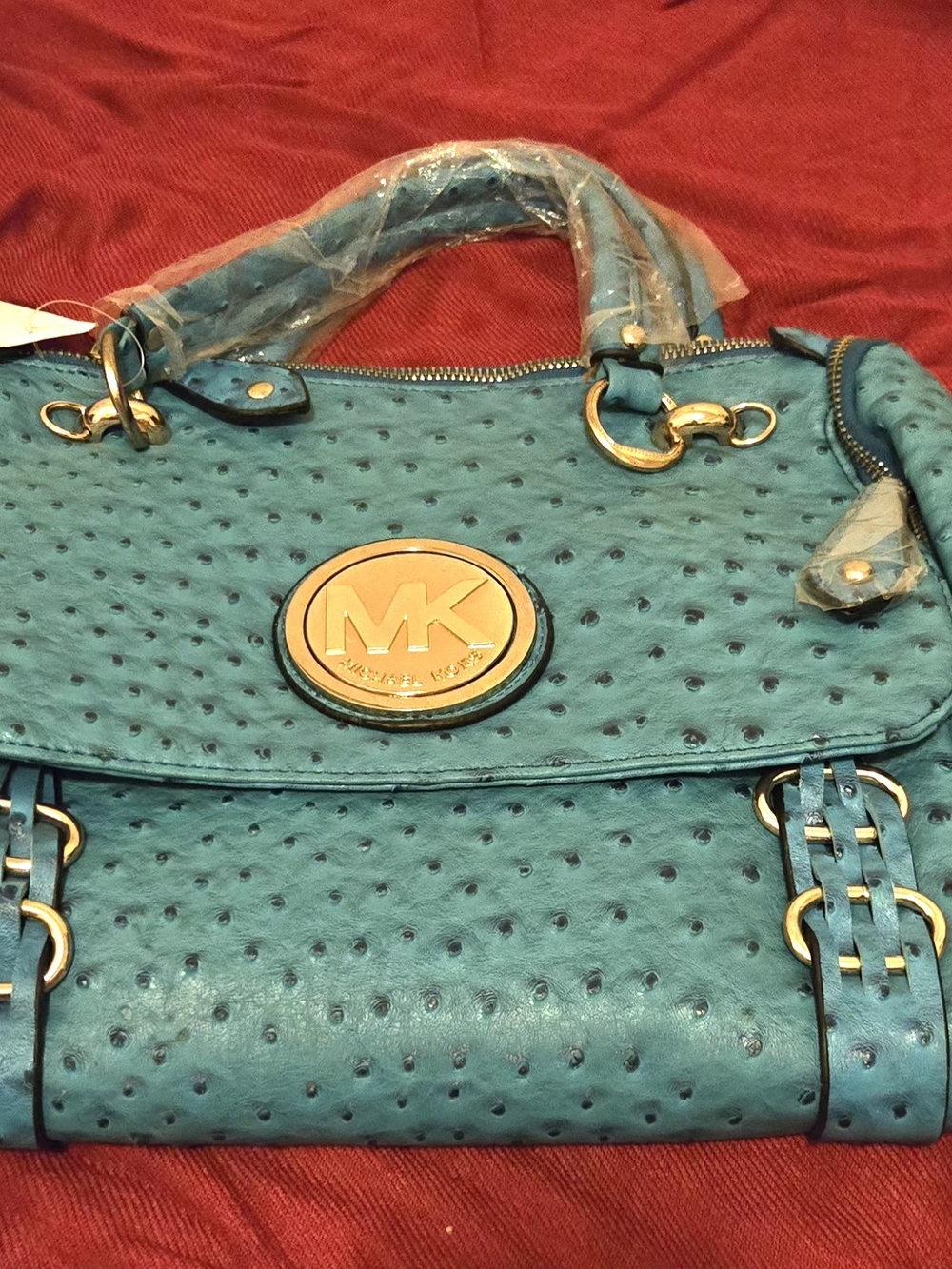 Michael Kors Turquoise Ostrich-Texture Satchel with Gold Hardware - Picture 4 of 4